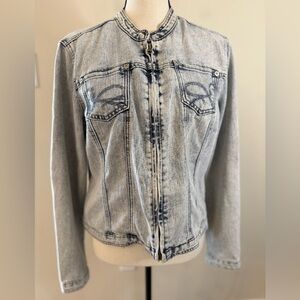 Baccini acid wash jeans jacket embroidered collarless SZ LG